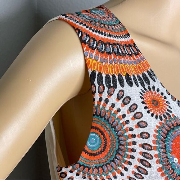 Adore Sequin Sleeveless Retro Dress Orange Cream Tan Black Turquoise Size Medium - Picture 5 of 13